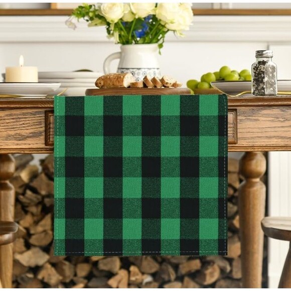 Table Runner 13x72in Polyester Green and Black Buffalo Check - Picture 2 of 3